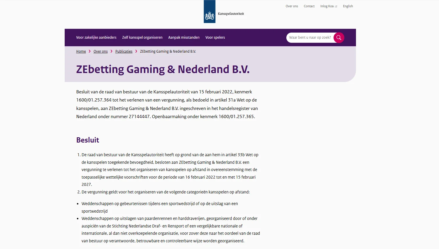 Kansspelautoriteit-pagina voor ZEbetting Gaming en Nederland B.V.