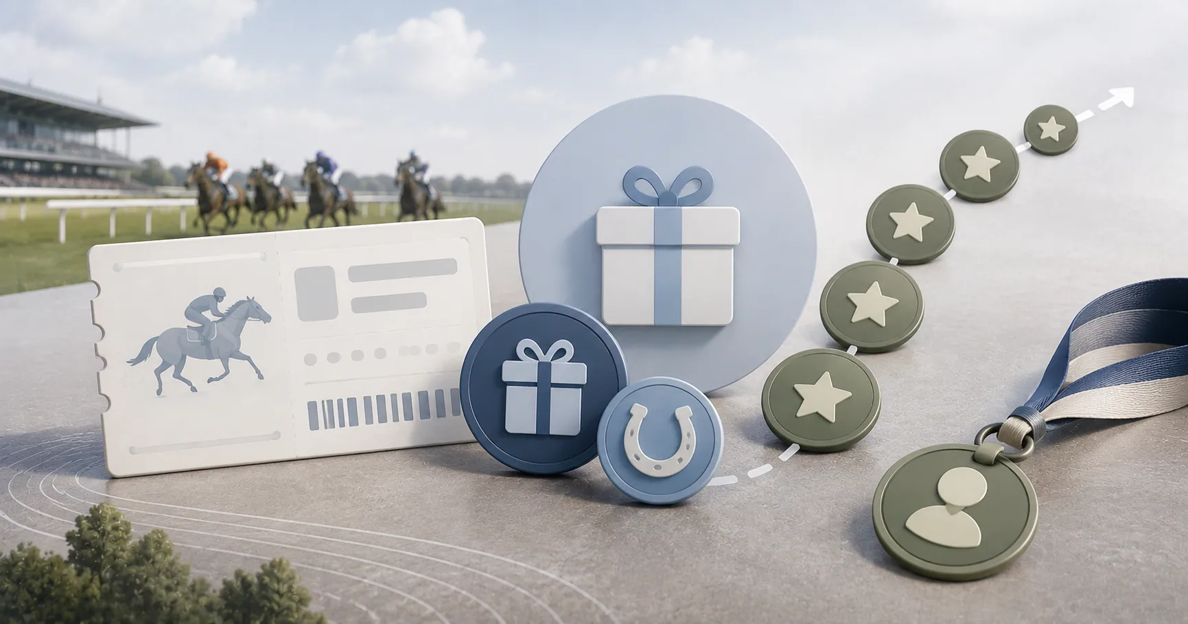 Redactionele illustratie van paardenwedden, freebets en loyaliteitspunten zonder promotiebedragen