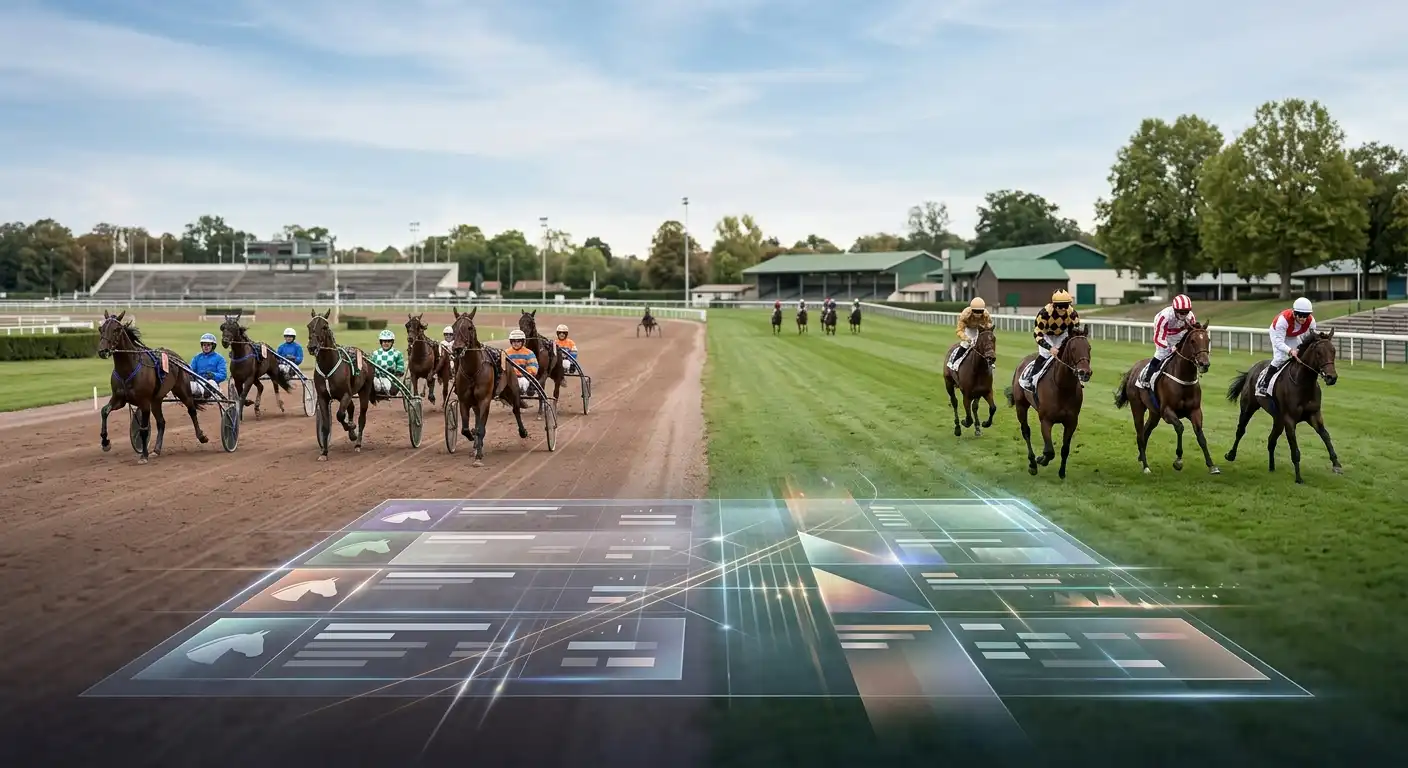 Redactionele illustratie van Nederlandse en internationale paardenrennen met een abstracte digitale racekaart