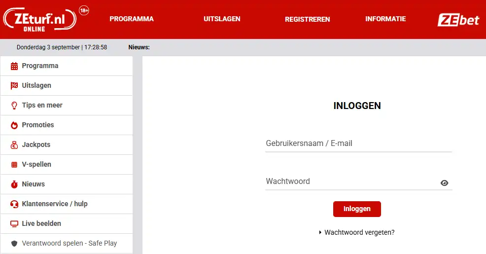 Actuele Nederlandse registratie-interface van ZEturf
