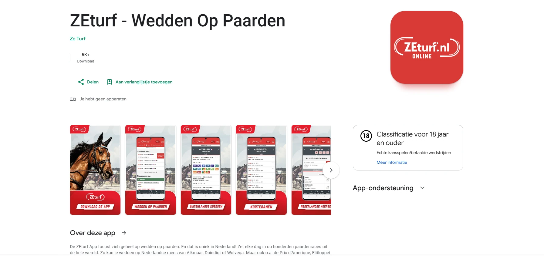 Actuele officiële ZEturf app-listing